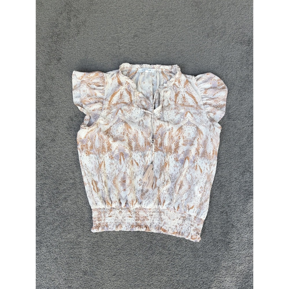 Rose + Olive Snakeskin Print Flutter Sleeve Smocked Hem Tassel Top Large